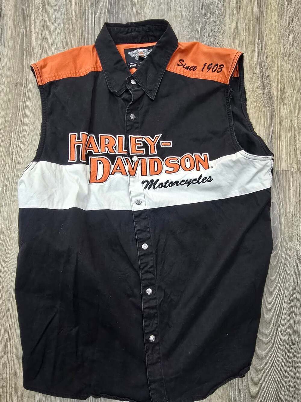 Harley-Davidson Men's Sleeveless Button-Down Shirt Vest Black and Orange